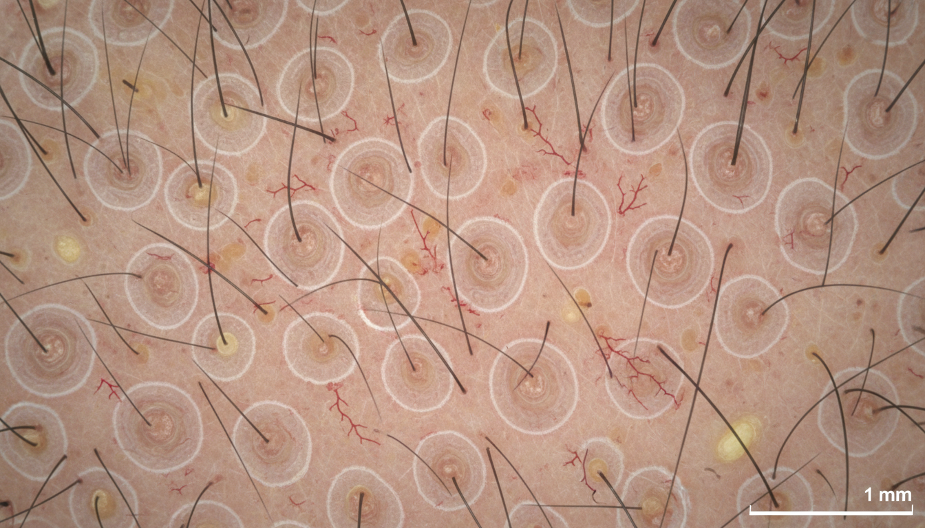 Side-by-side clinical photographs showing patchy alopecia areata compared with diffuse androgenetic alopecia patterns