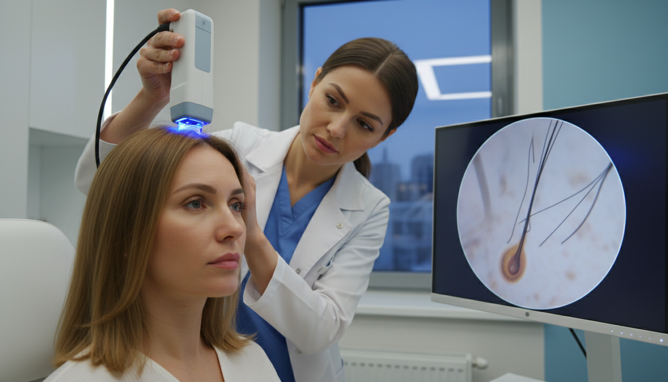 Clinical diagram showing the Ludwig scale classifications for female pattern hair loss grades I through III