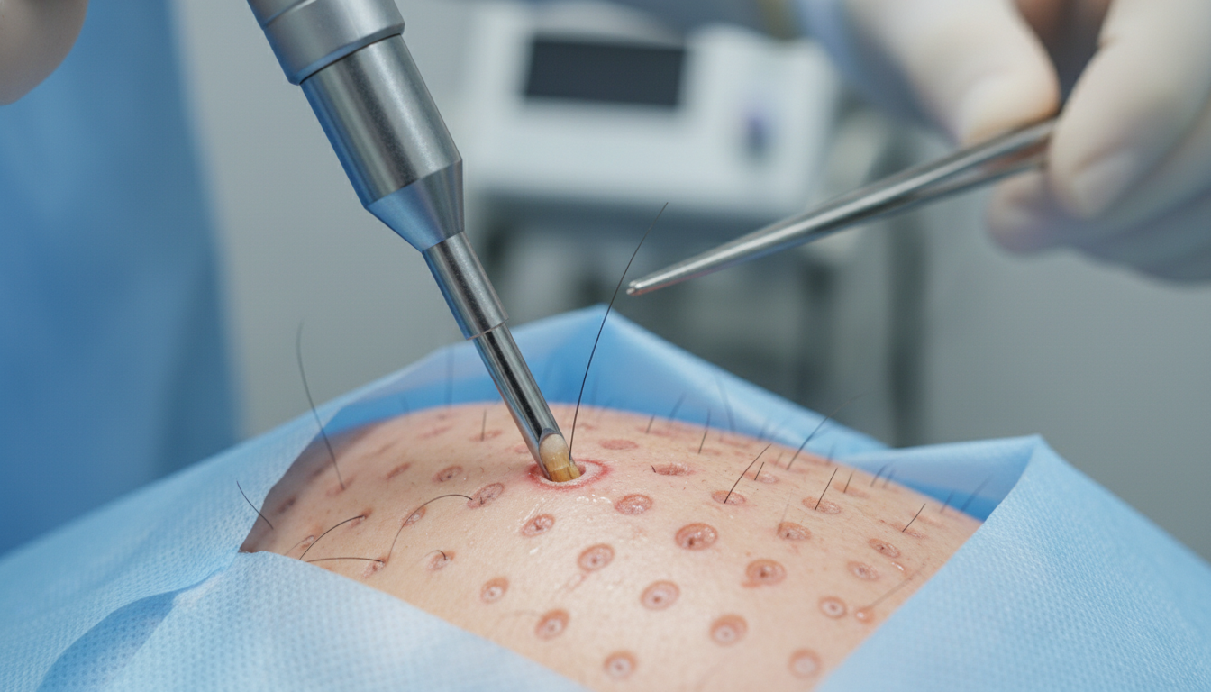 Close-up of FUE micro-punch hair follicle extraction technique