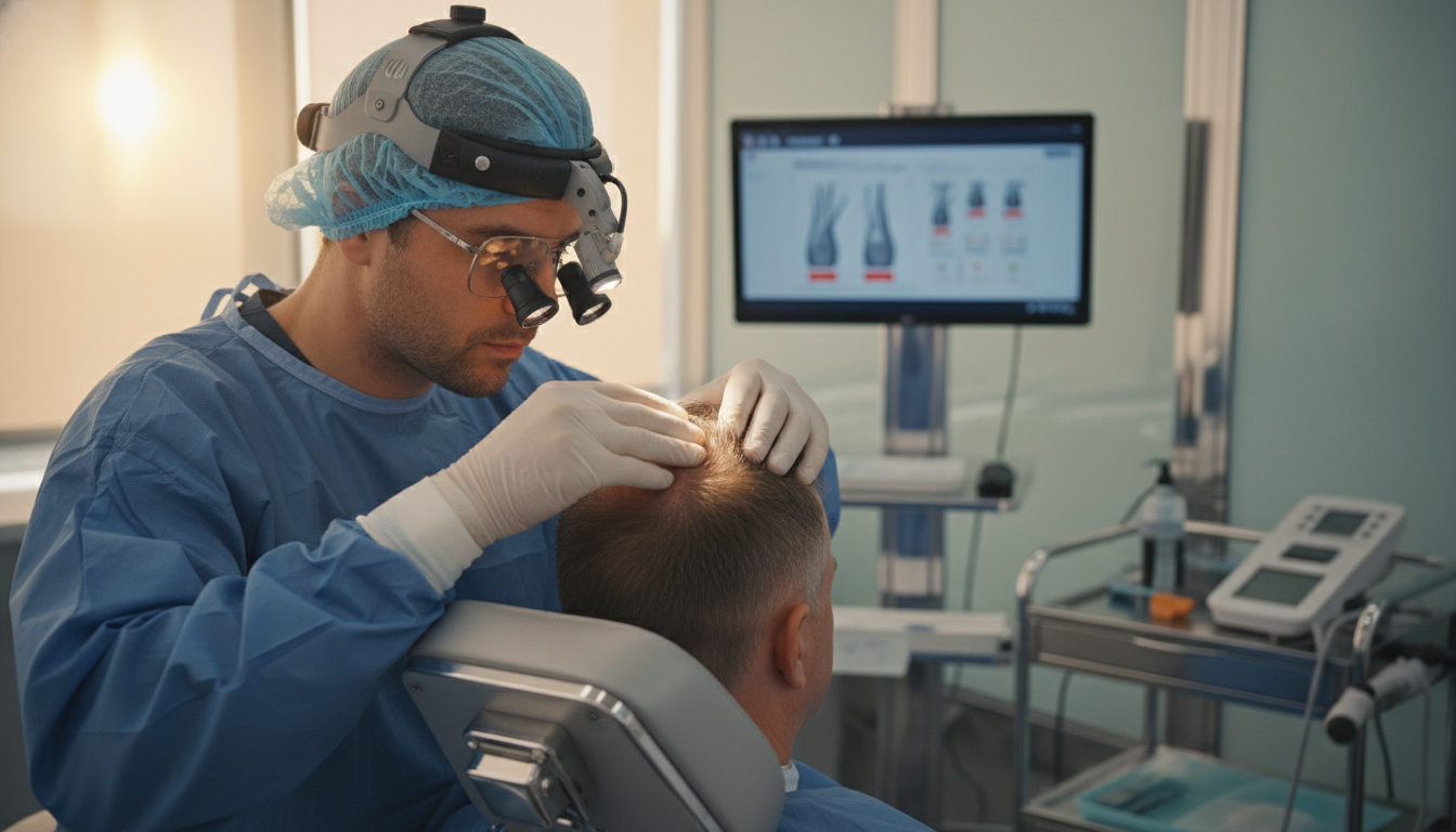 Surgeon examining donor area during FUT hair transplant consultation
