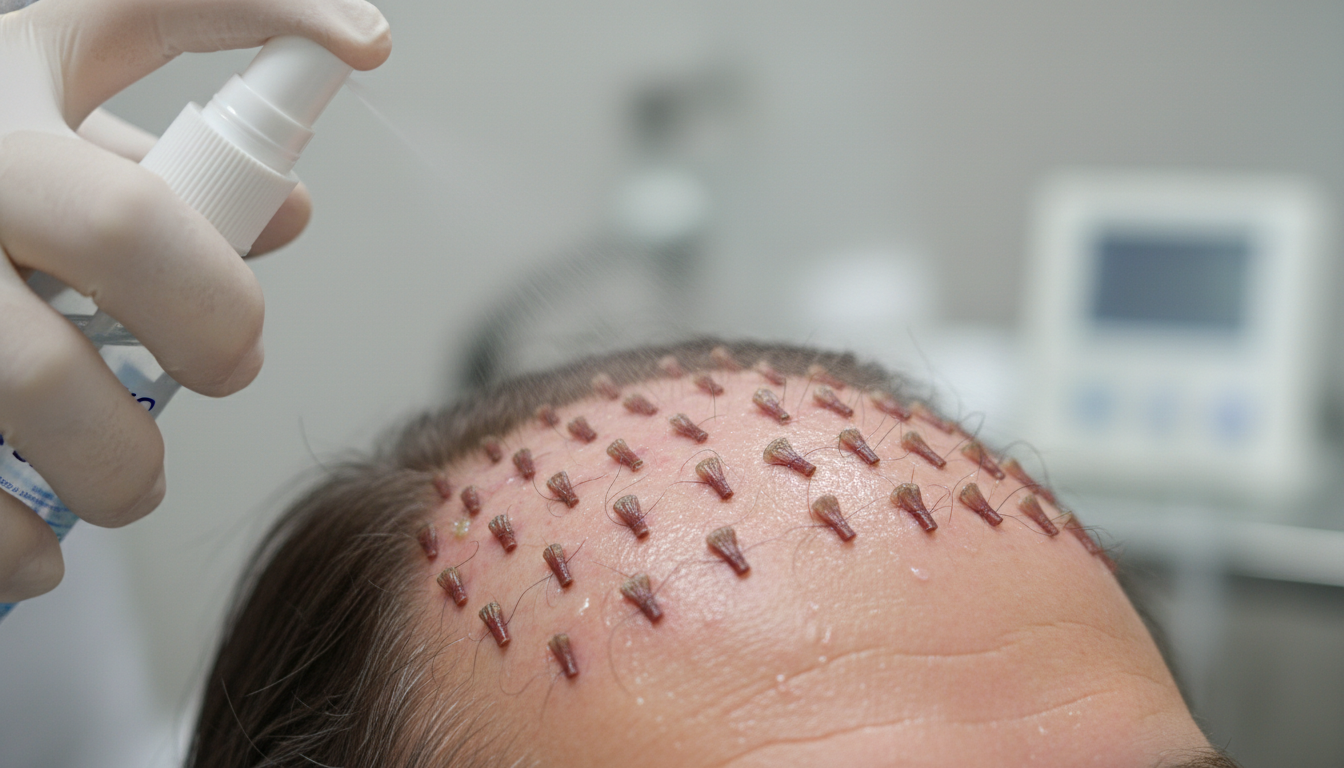 Demonstrating proper saline spray technique for post-operative hair transplant care