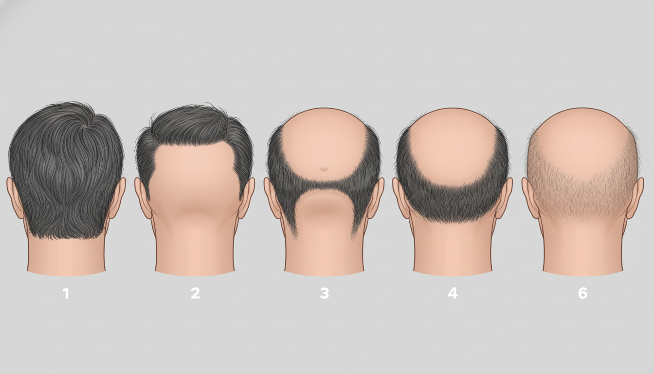 Visual representation of the Norwood-Hamilton scale showing seven stages of male pattern hair loss progression