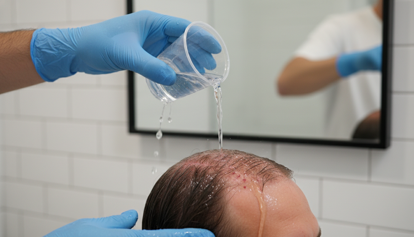 Demonstration of gentle fingertip patting technique for post-transplant hair washing