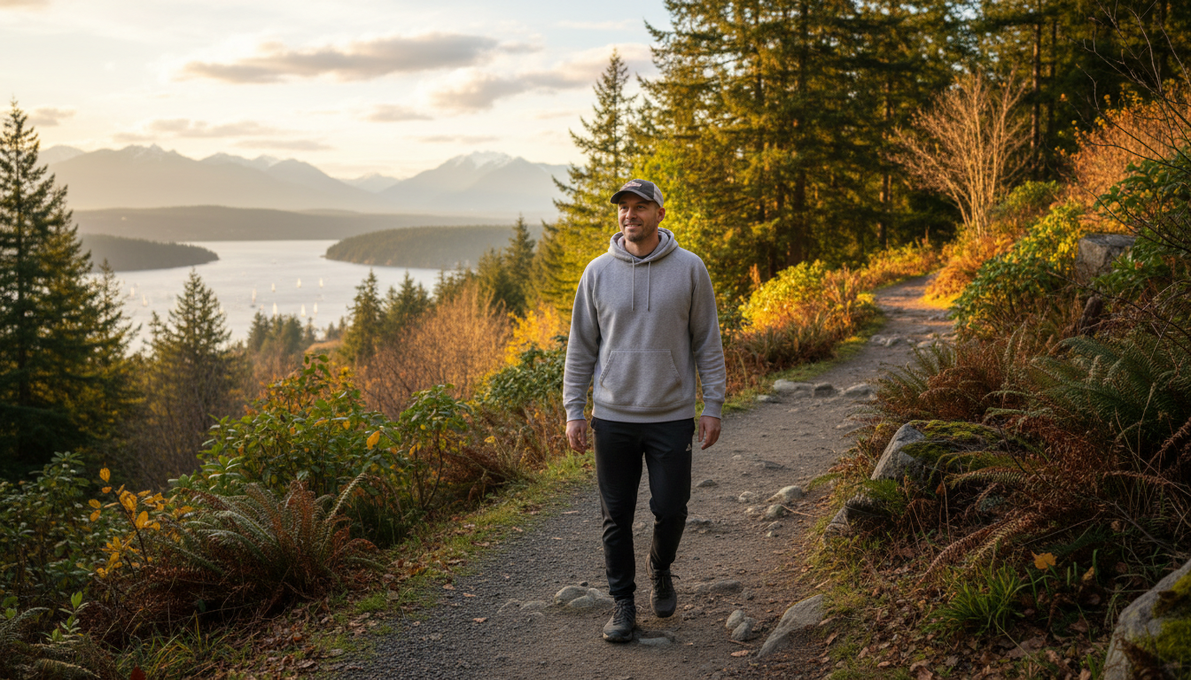 Patient walking outdoors during hair transplant recovery in Bellevue