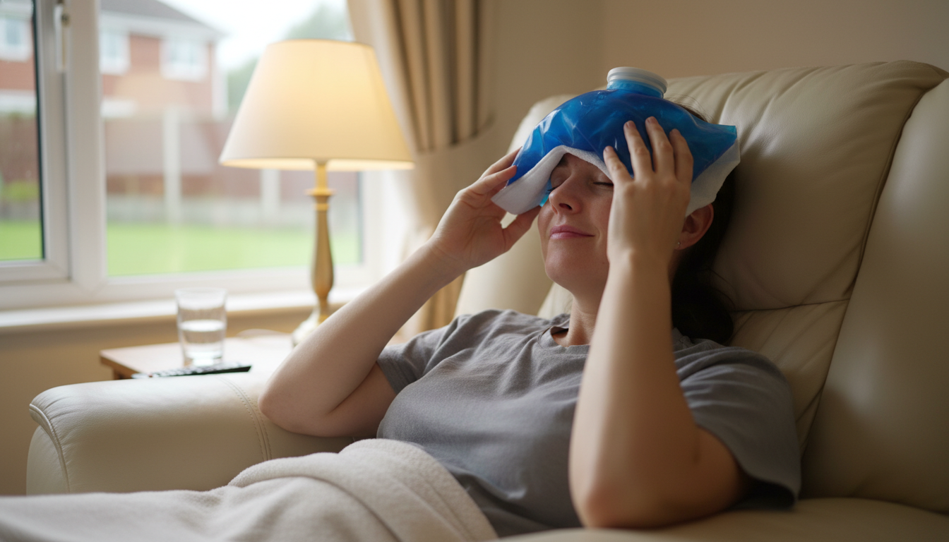 Patient applying ice pack to forehead during hair transplant recovery