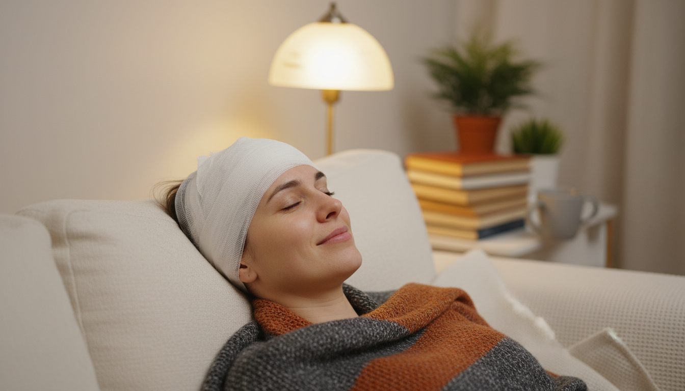Patient receiving post-operative care instructions after a hair transplant procedure