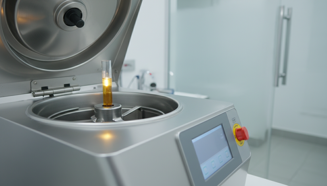 Close-up of PRP therapy procedure with platelet-rich plasma being prepared in a centrifuge for scalp injection