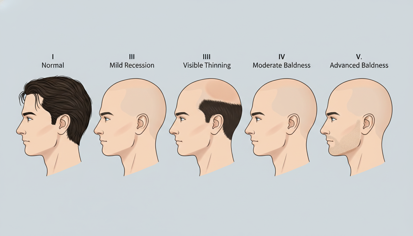 Diagram illustrating the stages of male pattern baldness from full head of hair to advanced hair loss