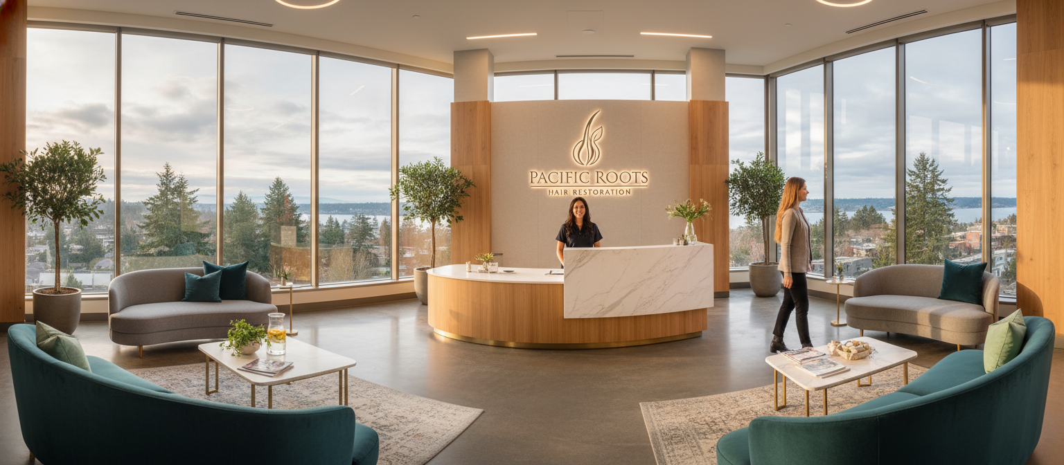 Welcoming reception area at Bellevue Hair Doctor clinic
